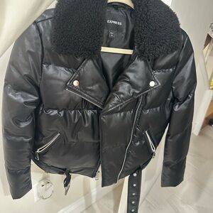 Express Black Puffer Jacket with Faux Fur Collar